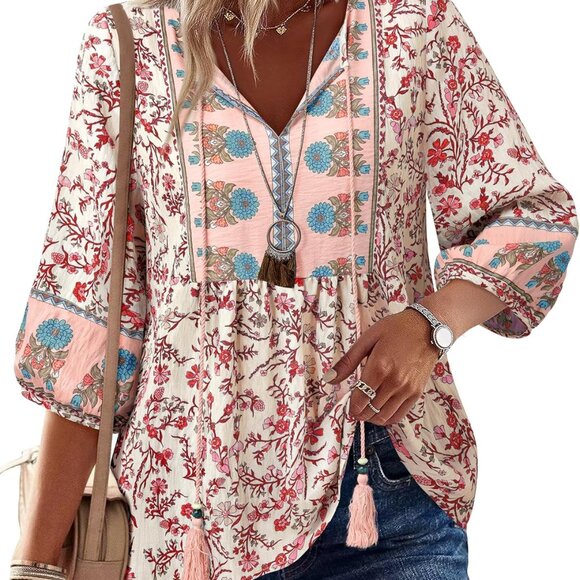 Womens Summer Boho Babydoll Tops 3/4 Sleeve Pleated Peplum Blouses Casual V Neck - Picture 1 of 7